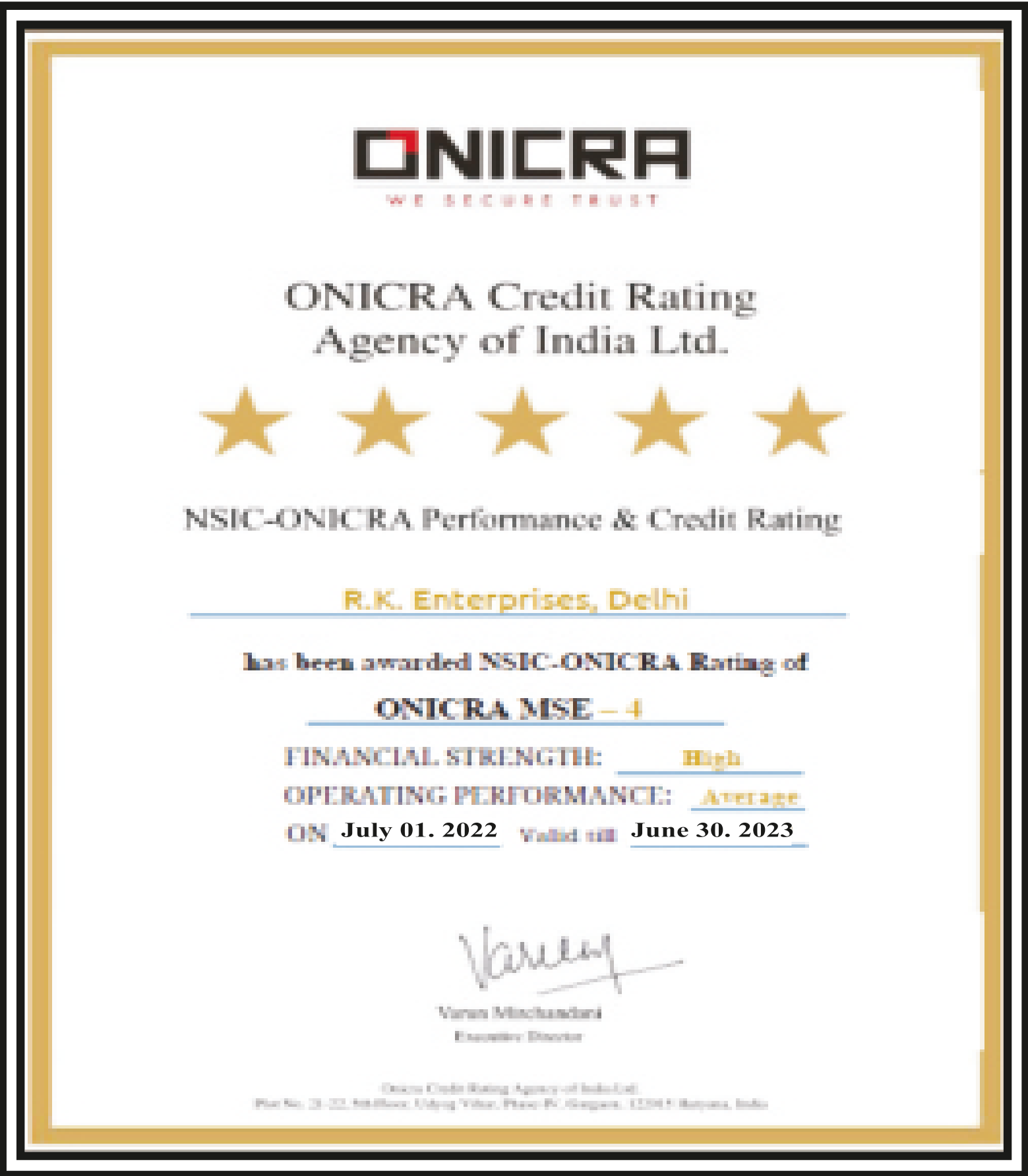ONICRA Credit & Performance Rating Certificate