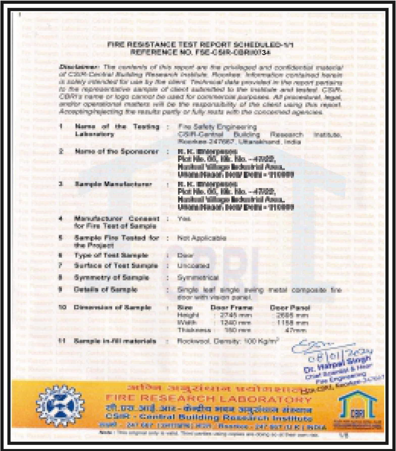 CSIR CBRI Roorkee 120-min Fire Test Certificate