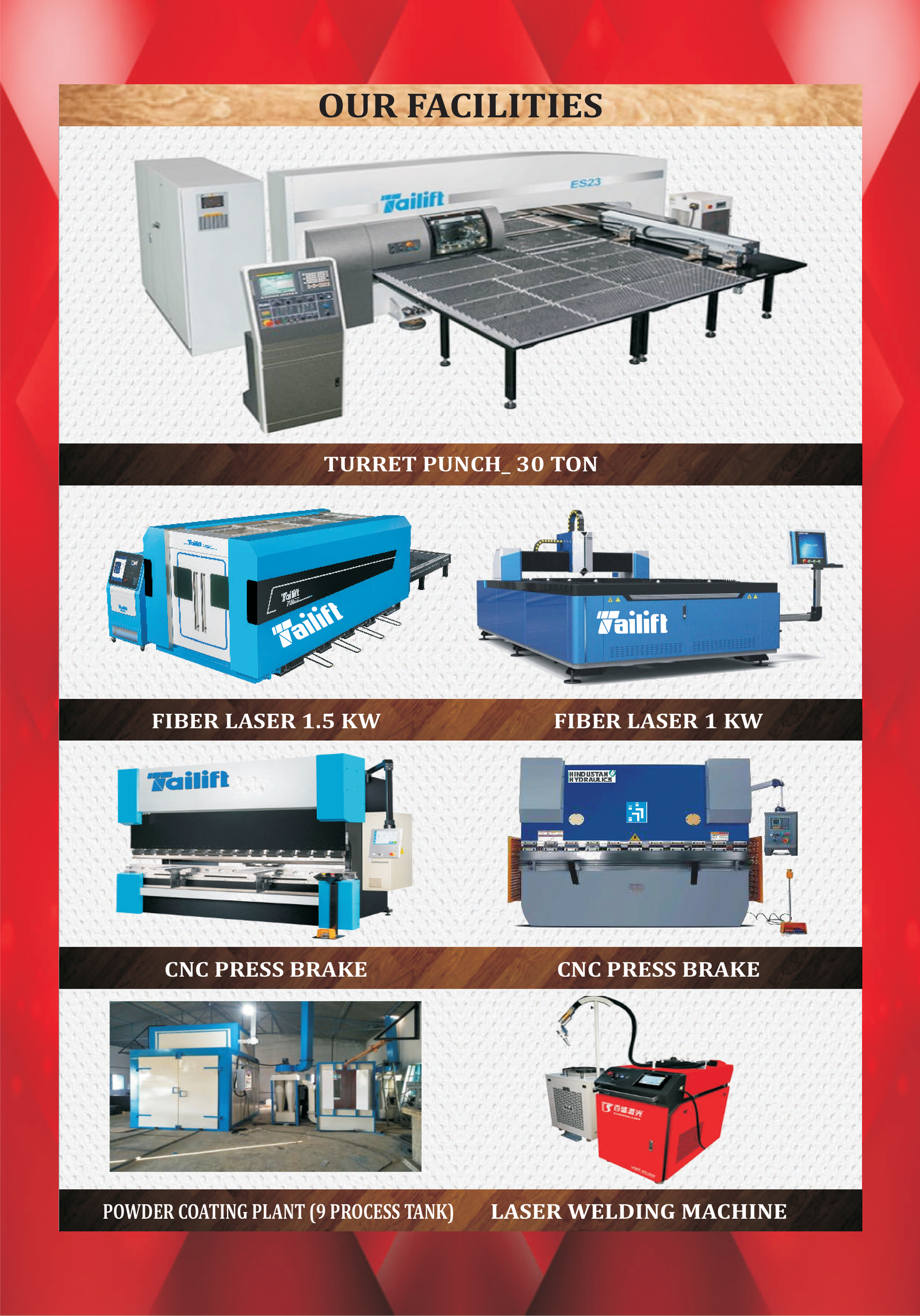 Tailift 30 Ton Turret Punch, Fiber Laser, CNC Press Brake, Powder Coating Plant